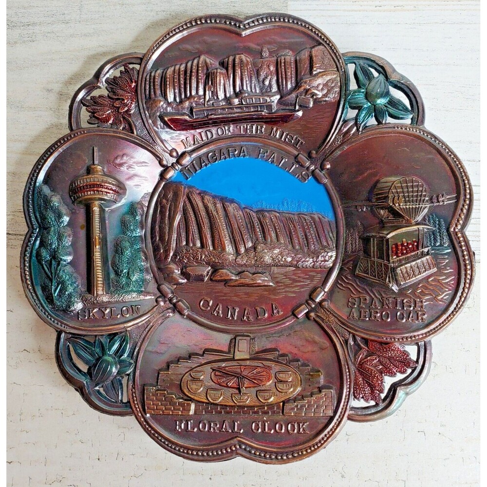 Vintage Copper Metal Trinket Tray Dish Souvenir Plaque Niagra Falls Canada Japan